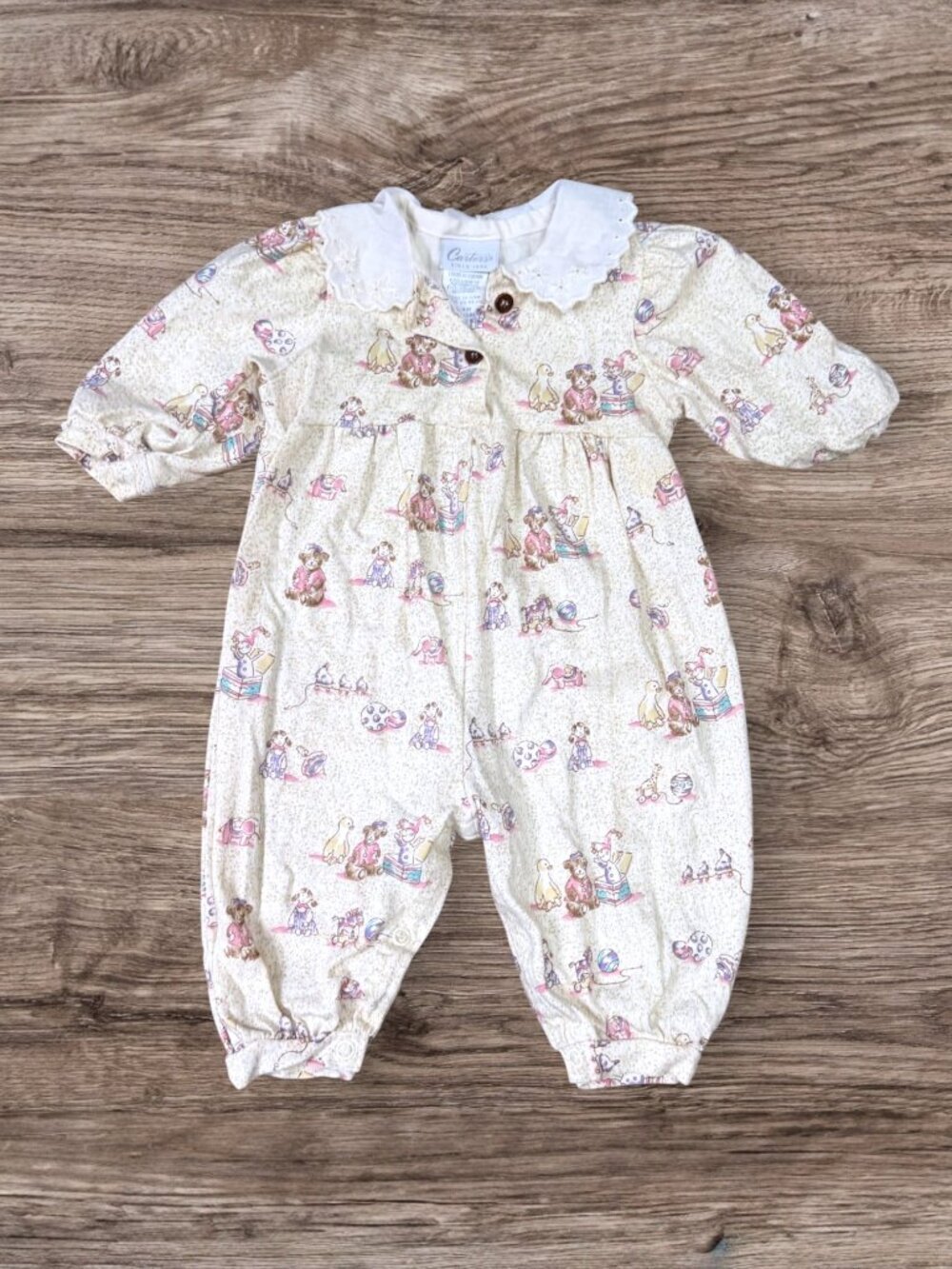 Vintage Carter’s Teddy Bear Toy Novelty Print Eyelet Collar Knit Romper 6-9M USA